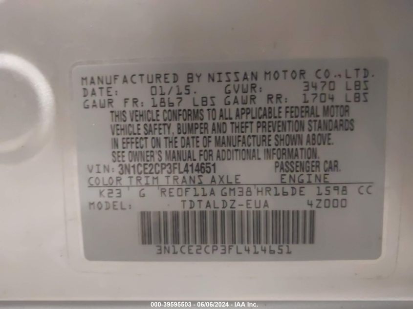 2015 Nissan Versa Note S (Sr)/S Plus/Sl/Sr/Sv VIN: 3N1CE2CP3FL414651 Lot: 39595503