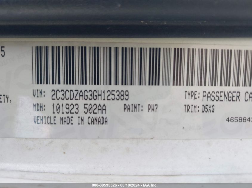 2016 Dodge Challenger Sxt VIN: 2C3CDZAG3GH125389 Lot: 39595526