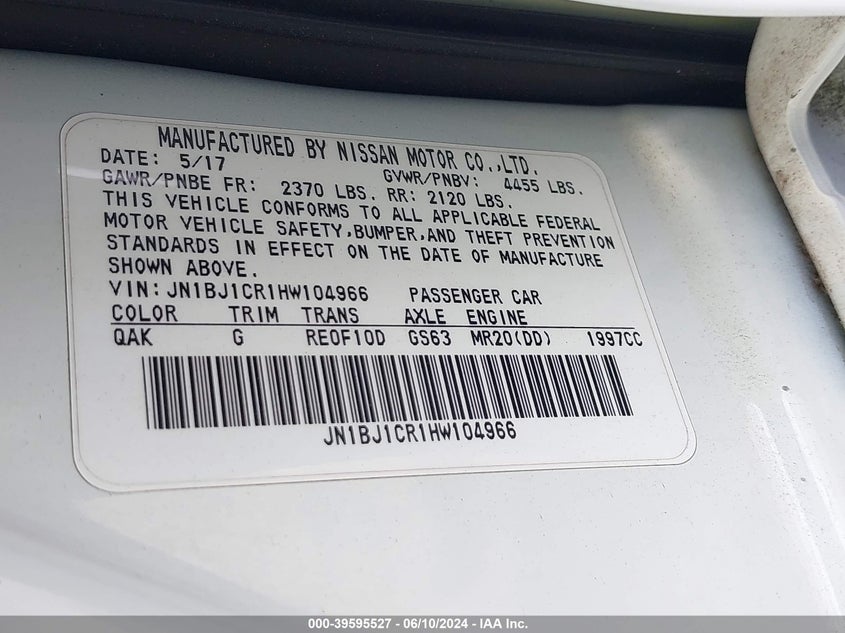 2017 Nissan Rogue Sport S VIN: JN1BJ1CR1HW104966 Lot: 39595527