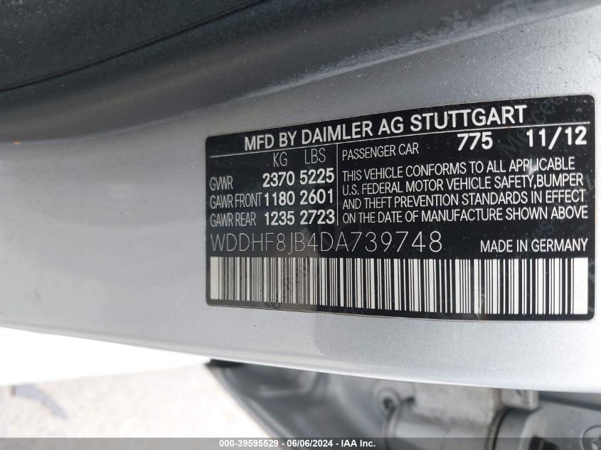 2013 Mercedes-Benz E 350 4Matic VIN: WDDHF8JB4DA739748 Lot: 39595529