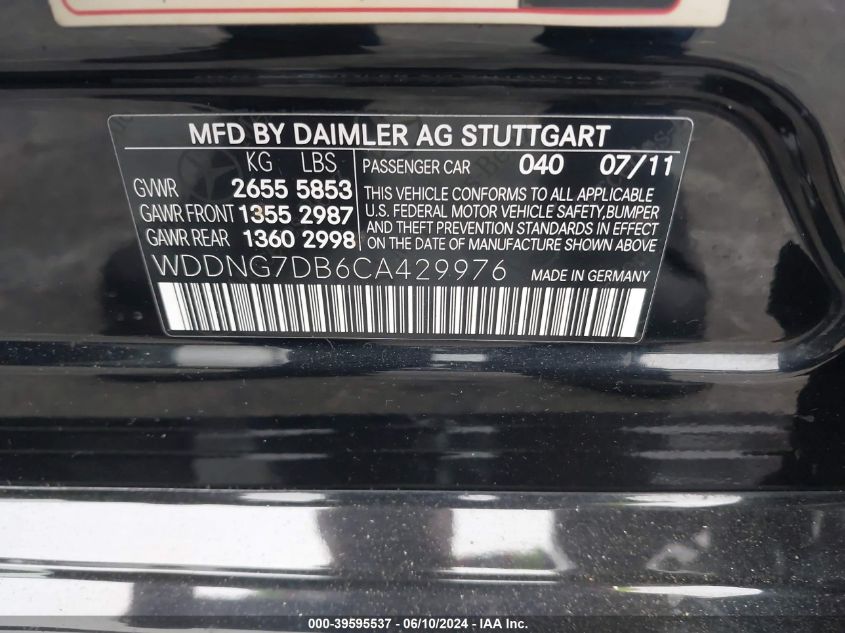 2012 Mercedes-Benz S 550 VIN: WDDNG7DB6CA429976 Lot: 39595537