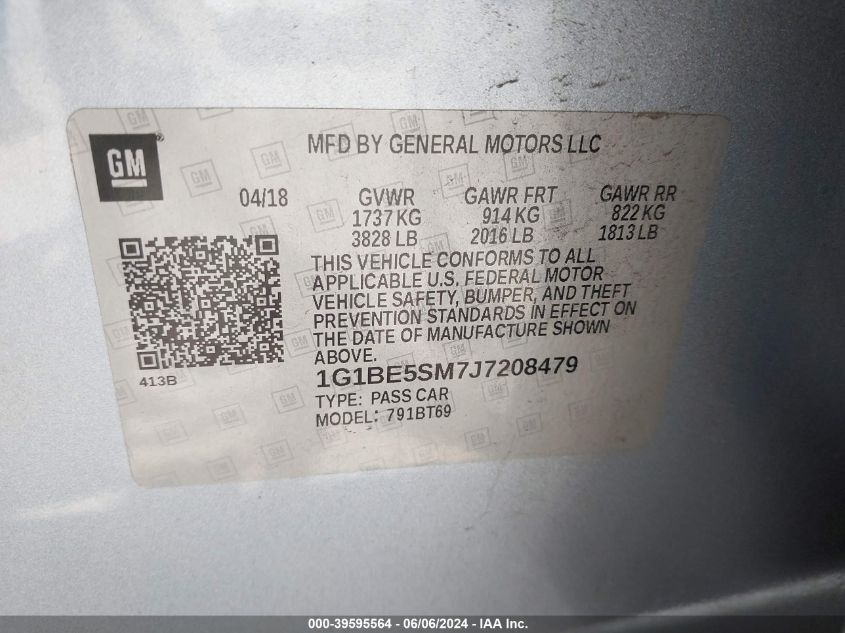 2018 Chevrolet Cruze Lt Auto VIN: 1G1BE5SM7J7208479 Lot: 39595564