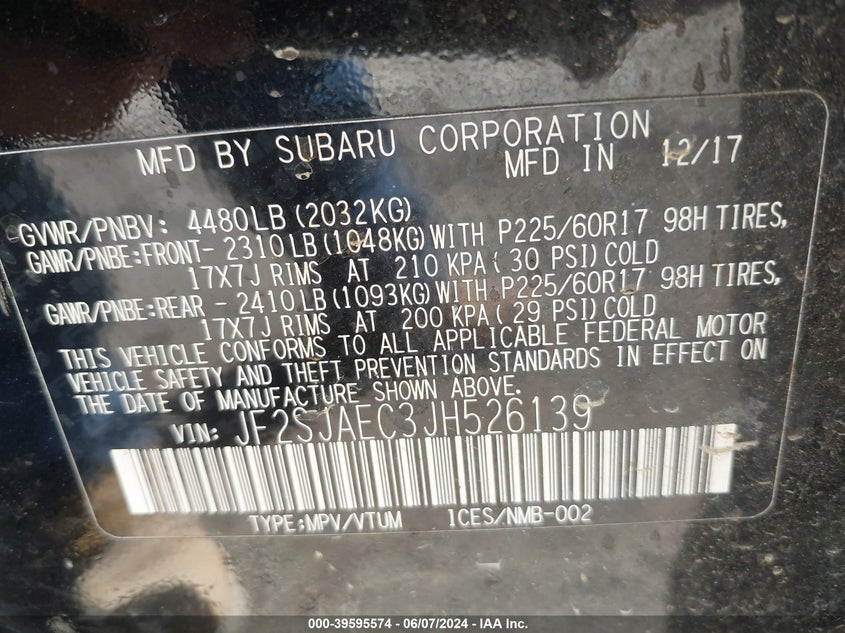 2018 Subaru Forester 2.5I Premium VIN: JF2SJAEC3JH526139 Lot: 39595574