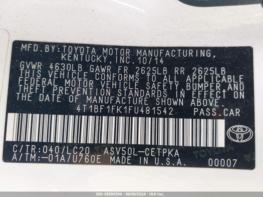 2015 Toyota Camry Xse VIN: 4T1BF1FK1FU481542 Lot: 39595594