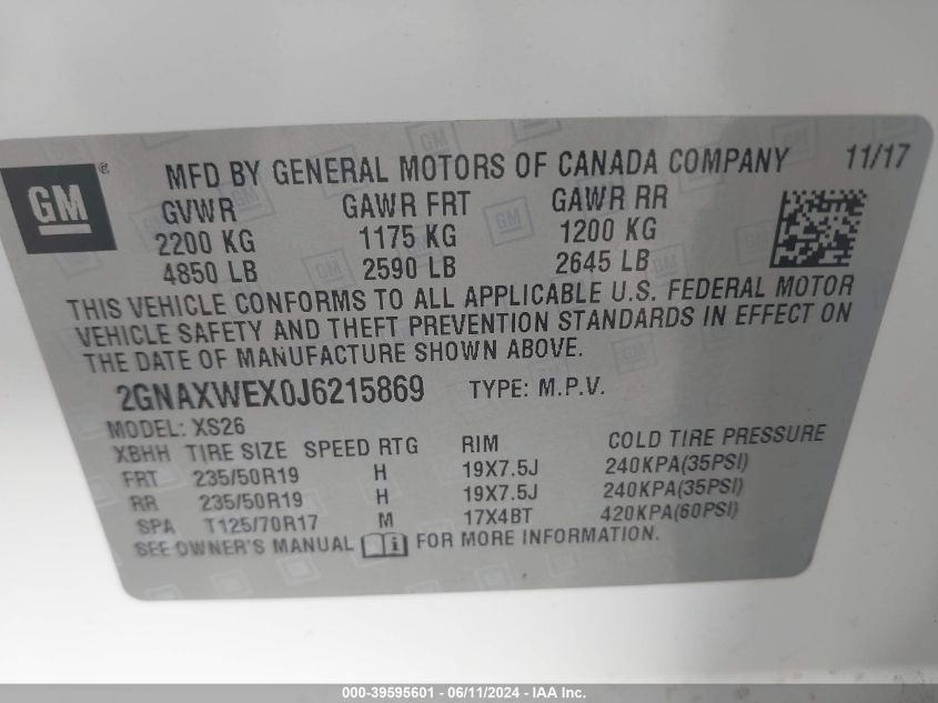 2018 Chevrolet Equinox Premier VIN: 2GNAXWEX0J6215869 Lot: 39595601