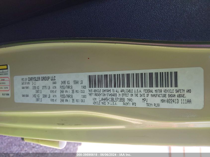 2011 Jeep Wrangler Unlimited Sahara VIN: 1J4HA5H13BL571858 Lot: 39595618