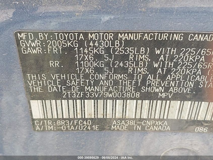 2009 Toyota Rav4 VIN: 2T3ZF33V79W003808 Lot: 39595629