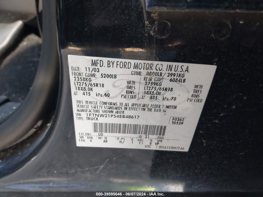 2004 Ford F-250 Lariat/Xl/Xlt VIN: 1FTNW21P54EB48617 Lot: 39595646