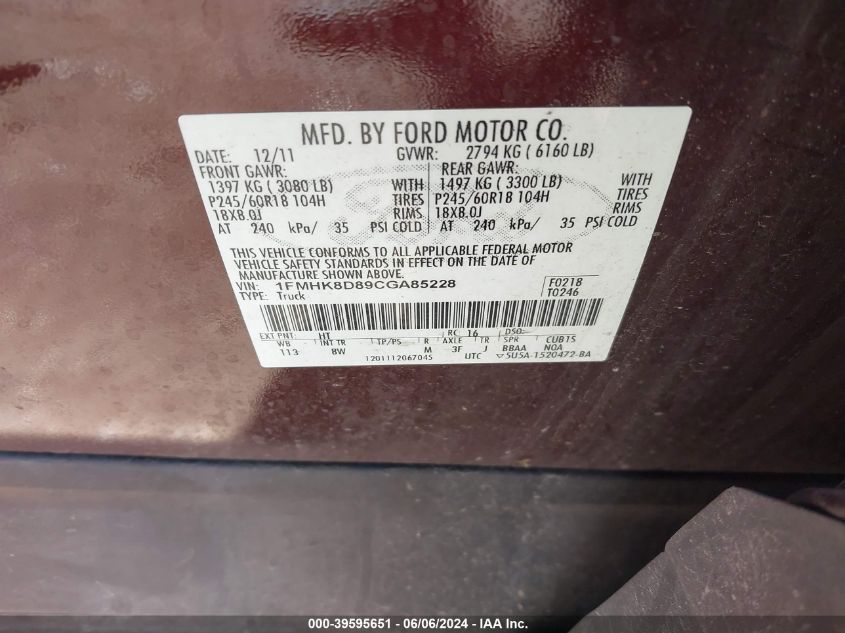 2012 Ford Explorer Xlt VIN: 1FMHK8D89CGA85228 Lot: 39595651