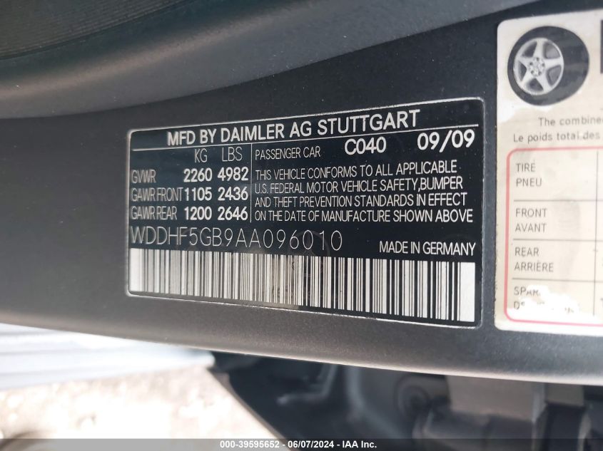 2010 Mercedes-Benz E 350 VIN: WDDHF5GB9AA096010 Lot: 39595652