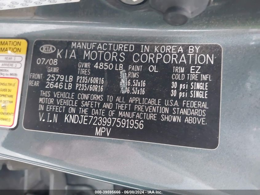 2009 Kia Sportage Lx V6 VIN: KNDJE723997591956 Lot: 39595666