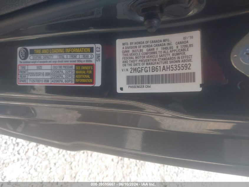 2010 Honda Civic Lx VIN: 2HGFG1B61AH535592 Lot: 39595667