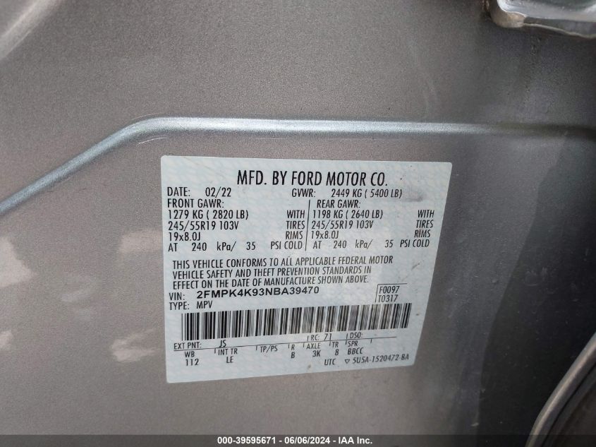 2022 Ford Edge Titanium VIN: 2FMPK4K93NBA39470 Lot: 39595671