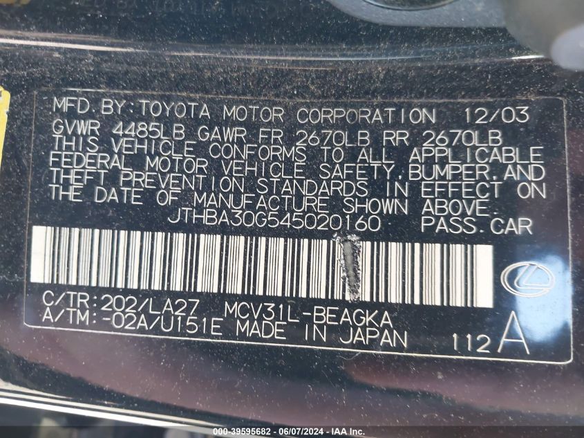 2004 Lexus Es 330 VIN: JTHBA30G545020160 Lot: 39595682