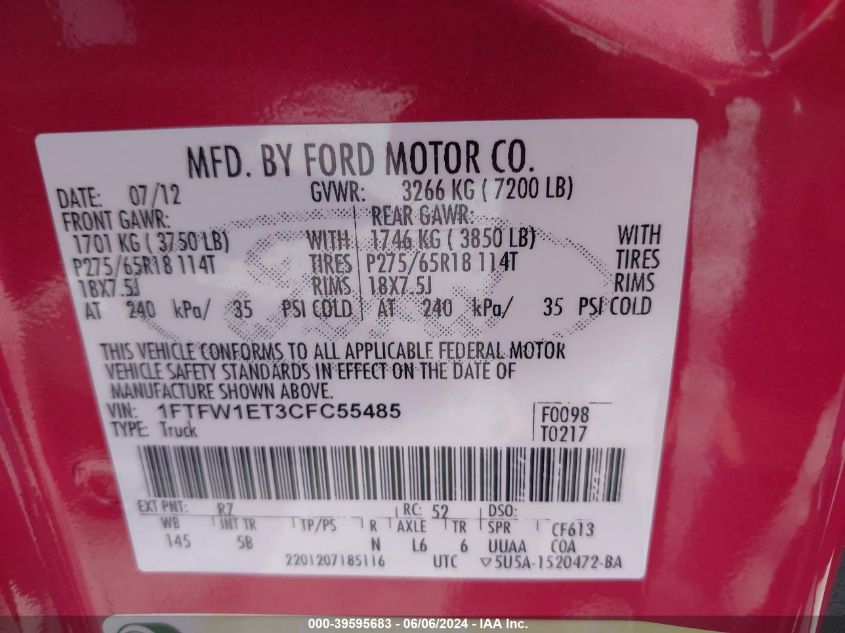 2012 Ford F-150 Fx4 VIN: 1FTFW1ET3CFC55485 Lot: 39595683