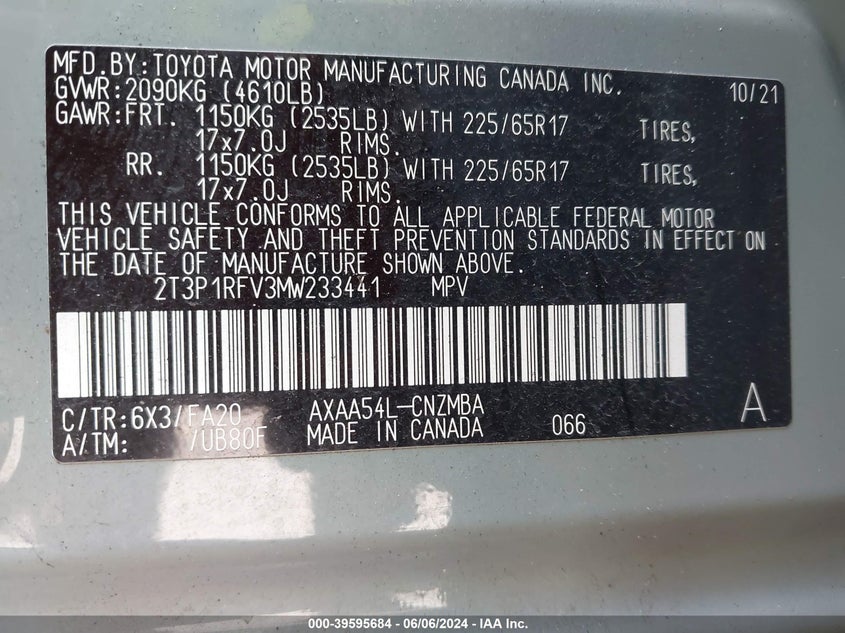 2021 TOYOTA RAV4 XLE/XLE PREMIUM - 2T3P1RFV3MW233441