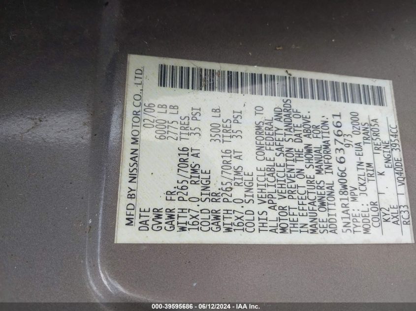 2006 Nissan Pathfinder Se VIN: 5N1AR18W06C637661 Lot: 39595686