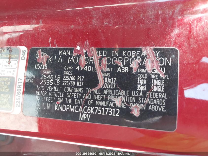 2019 Kia Sportage Lx VIN: KNDPMCAC6K7517312 Lot: 39595692