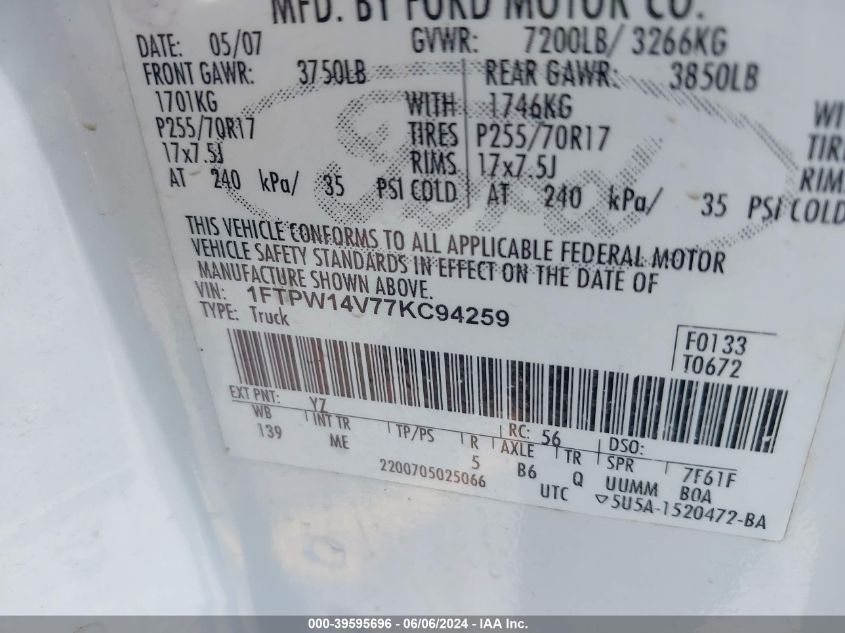 2007 Ford F-150 Fx4/Lariat/Xlt VIN: 1FTPW14V77KC94259 Lot: 39595696