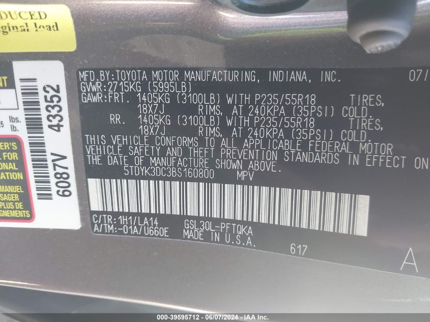 2011 Toyota Sienna Limited V6 VIN: 5TDYK3DC3BS160800 Lot: 39595712