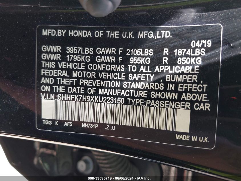 2019 Honda Civic Sport Touring VIN: SHHFK7H9XKU223150 Lot: 39595719