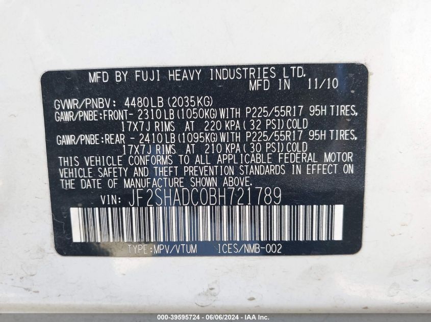 2011 Subaru Forester 2.5X Premium VIN: JF2SHADC0BH721789 Lot: 39595724