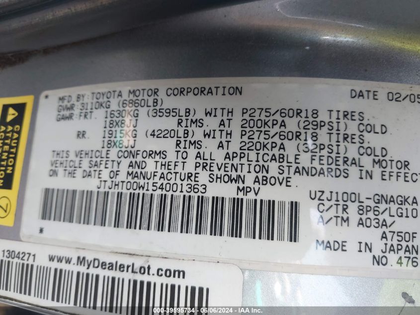 2005 Lexus Lx 470 VIN: JTJHT00W154001363 Lot: 39595734