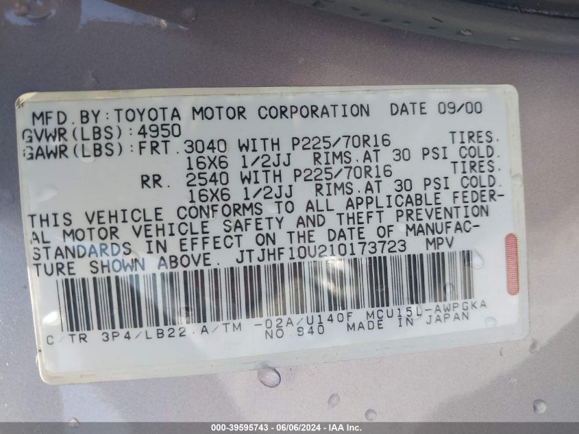 2001 Lexus Rx 300 Base (A4) VIN: JTJHF10U210173723 Lot: 39595743