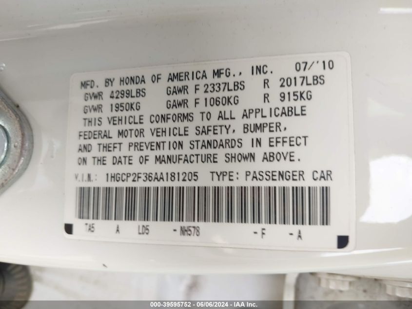 2010 Honda Accord 2.4 Lx VIN: 1HGCP2F36AA181205 Lot: 39595752