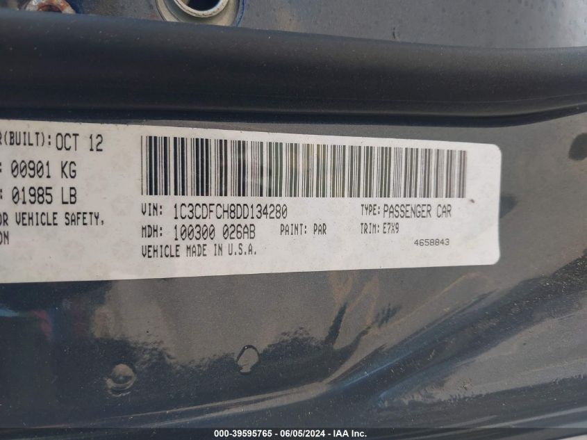 2013 DODGE DART VIN: 1C3CDFCH8DD134280