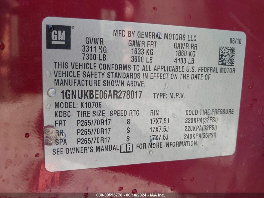 2010 Chevrolet Tahoe Lt VIN: 1GNUKBE06AR278017 Lot: 39595778