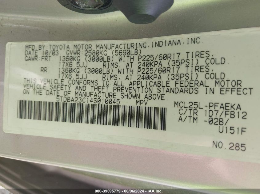 2004 Toyota Sienna Le VIN: 5TDBA23C14S010045 Lot: 39595779