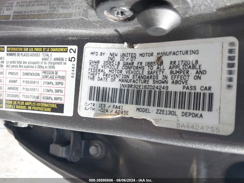 2008 Toyota Corolla Ce VIN: 1NXBR32E18Z024249 Lot: 39595806