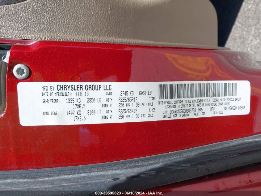 2013 Chrysler Town & Country Touring-L VIN: 2C4RC1CG6DR663758 Lot: 39595823