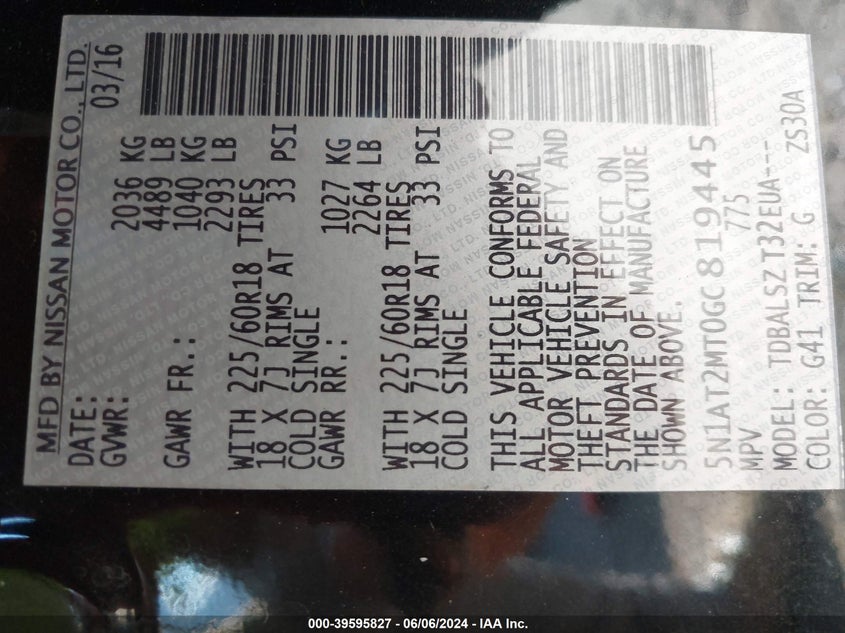 2016 Nissan Rogue Sl VIN: 5N1AT2MT0GC819445 Lot: 39595827