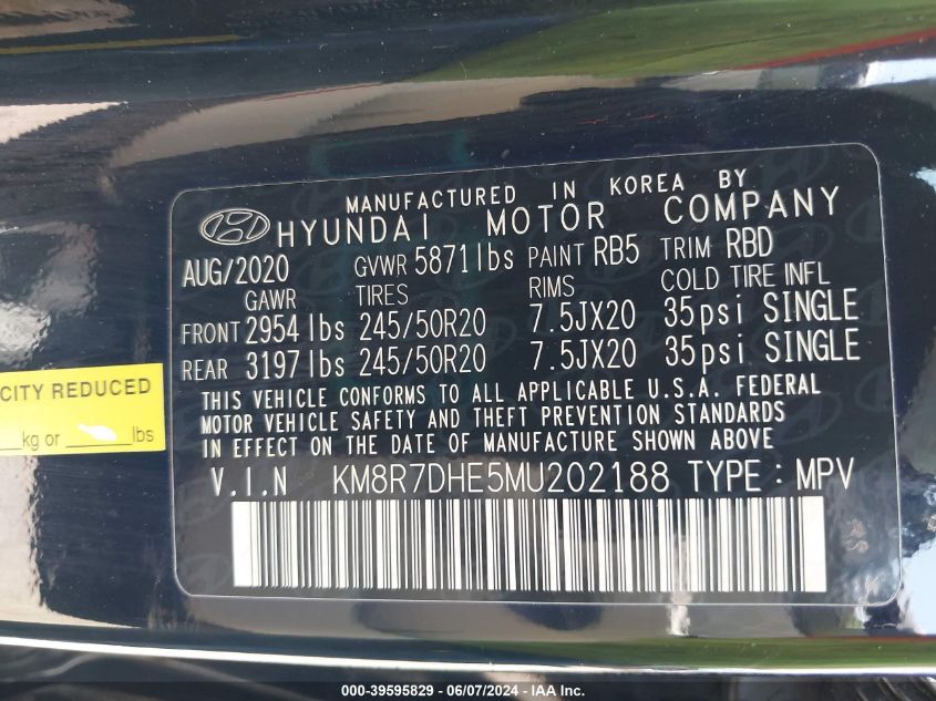 2021 Hyundai Palisade Calligraphy VIN: KM8R7DHE5MU202188 Lot: 39595829