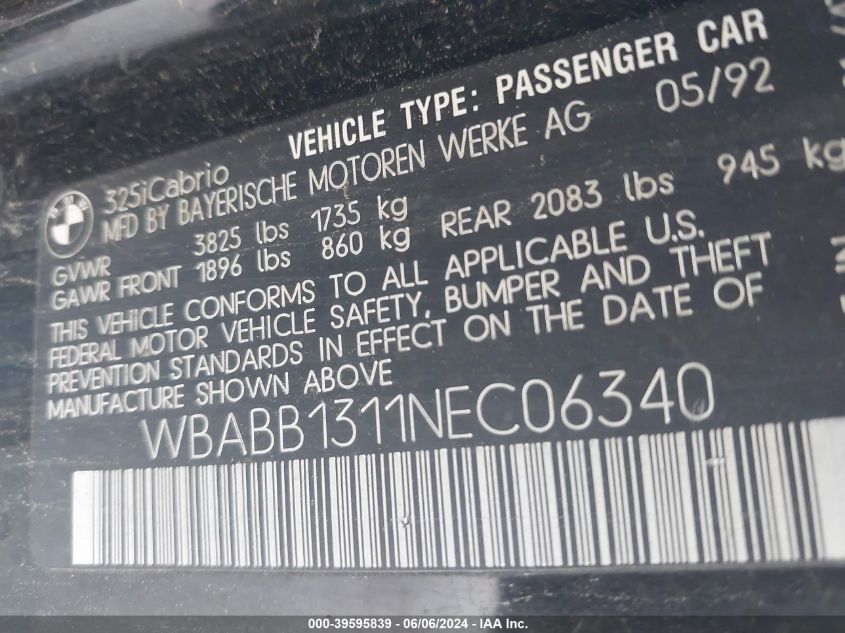 1992 BMW 325 Ic VIN: WBABB1311NEC06340 Lot: 39595839