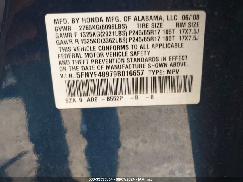 2009 Honda Pilot Touring VIN: 5FNYF48979B016657 Lot: 39595854