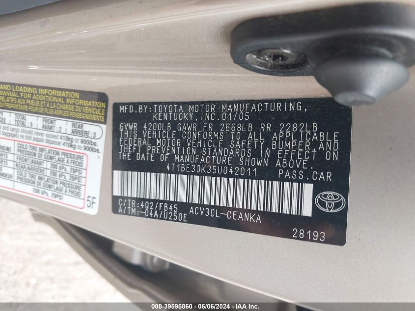 2005 Toyota Camry Le VIN: 4T1BE30K35U042011 Lot: 39595860