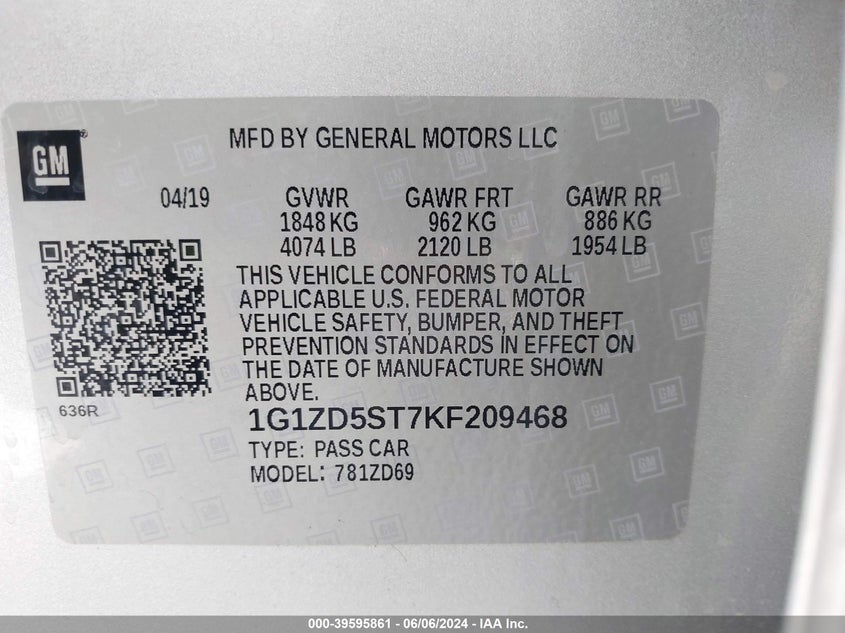 2019 Chevrolet Malibu Lt VIN: 1G1ZD5ST7KF209468 Lot: 39595861