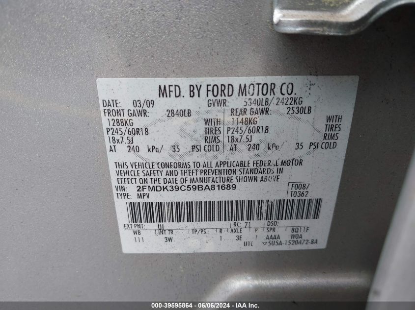 2009 Ford Edge Limited VIN: 2FMDK39C59BA81689 Lot: 39595864