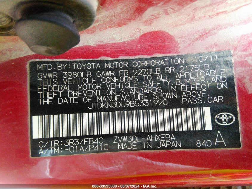 2011 Toyota Prius Two VIN: JTDKN3DU9B5331920 Lot: 39595880