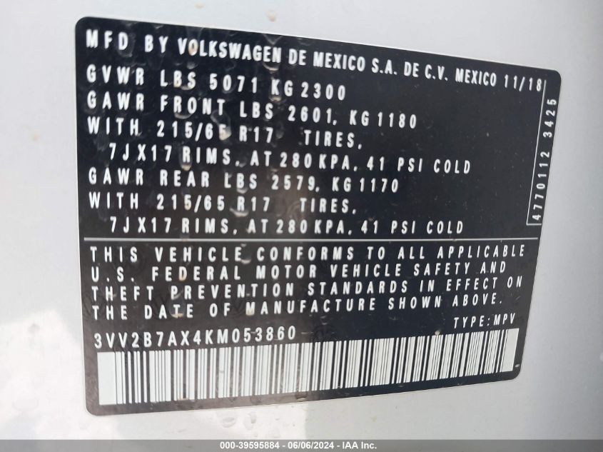 2019 Volkswagen Tiguan 2.0T Se/2.0T Sel/2.0T Sel R-Line/2.0T Sel R-Line Black VIN: 3VV2B7AX4KM053860 Lot: 39595884