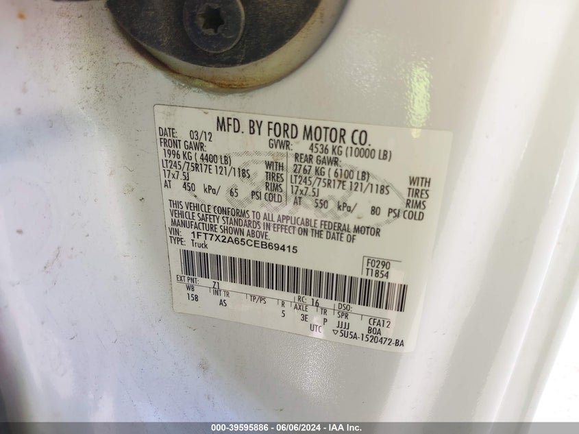 2012 Ford F-250 Xl VIN: 1FT7X2A65CEB69415 Lot: 39595886