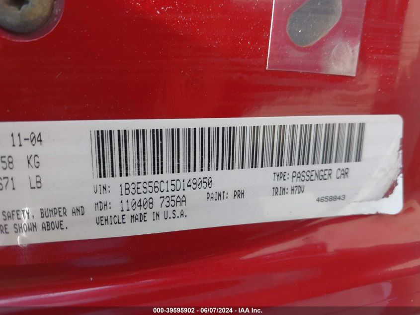 2005 Dodge Neon Sxt VIN: 1B3ES56C15D149050 Lot: 39595902