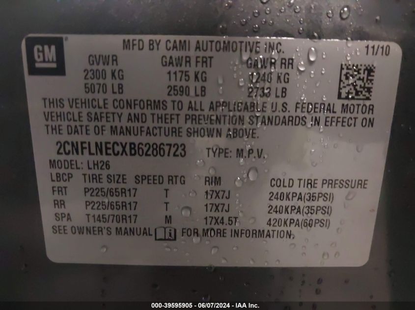 2011 Chevrolet Equinox 2Lt VIN: 2CNFLNECXB6286723 Lot: 39595905