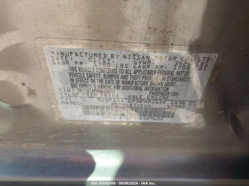 2017 Nissan Versa 1.6 Sv VIN: 3N1CN7AP9HK429602 Lot: 39595906