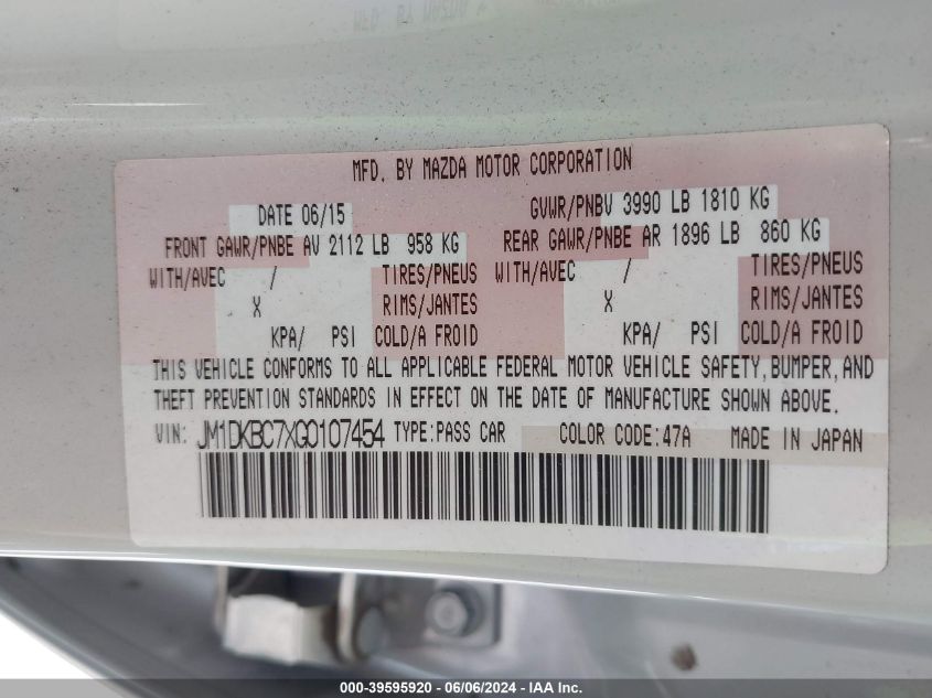 2016 Mazda Cx-3 Touring VIN: JM1DKBC7XG0107454 Lot: 39595920