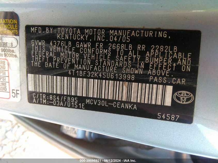 4T1BF32K45U613998 2005 Toyota Camry Le V6