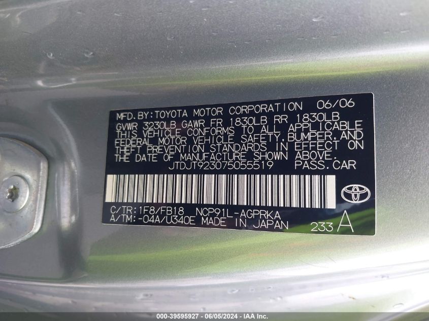 2007 Toyota Yaris VIN: JTDJT923075055519 Lot: 39595927